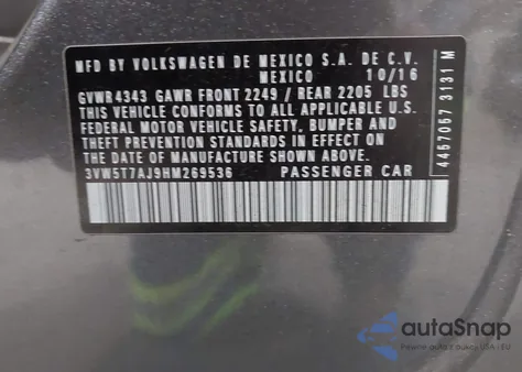 2017 Volkswagen Jetta Gli из США, поврежденный, VIN 3VW5T7AJ9HM269536